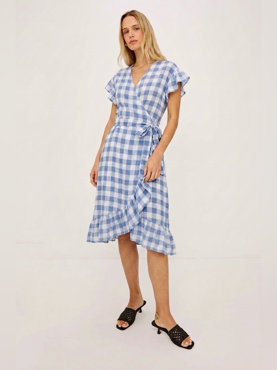 New Rails Brigitte Periwinkle Check Linen Wrap Dress Blue White Gingham | S